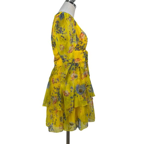 Mac Duggal Long-Sleeve V-Neck Mini Dress Anthropologie Yellow Printed Floral - Picture 7 of 12